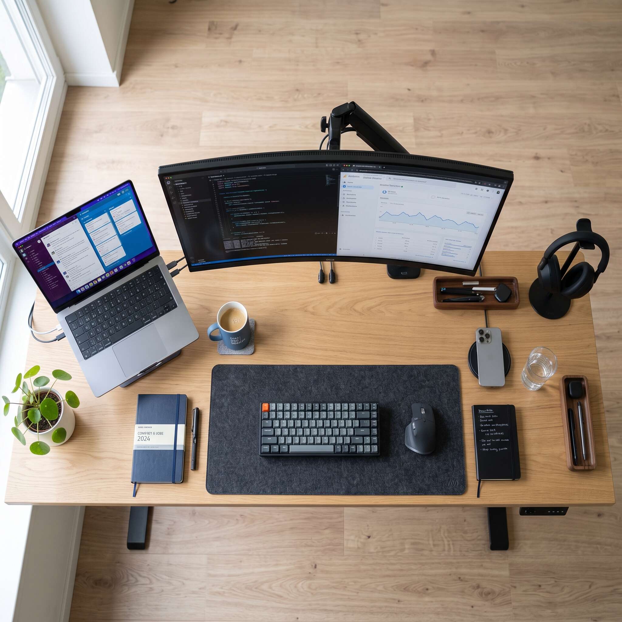 digital marketing agency desk, top view, open laptop and second screen